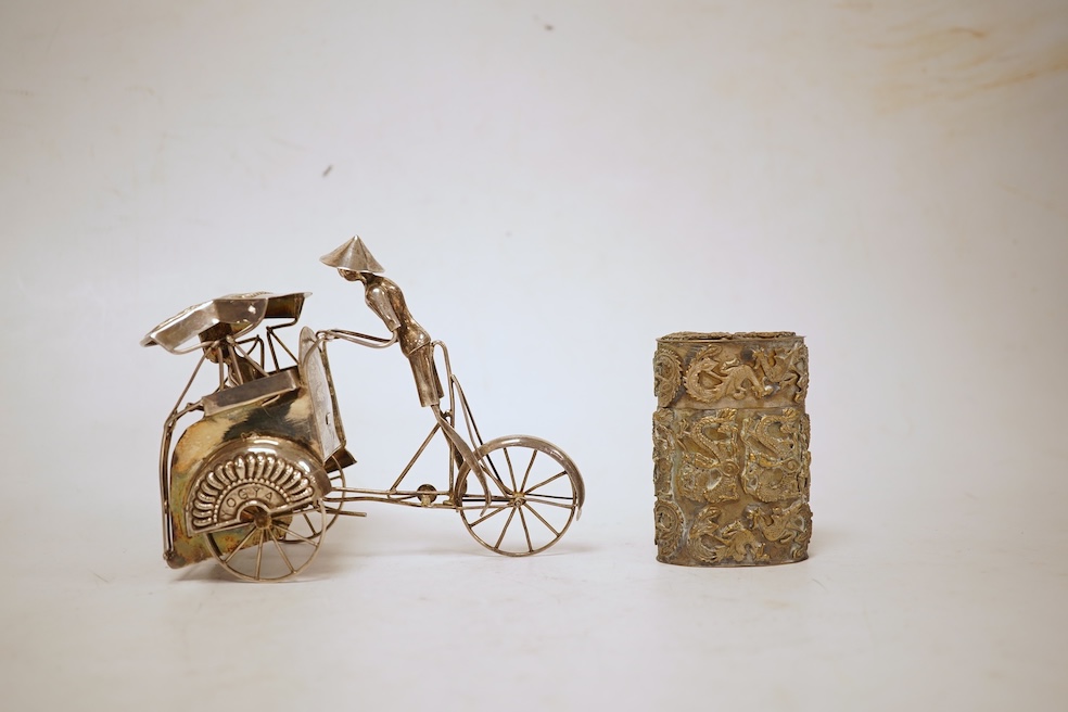 A Yogya 835 standard white metal model of figure and rickshaw, length 12cm, together with a Chinese metal box and cover.
